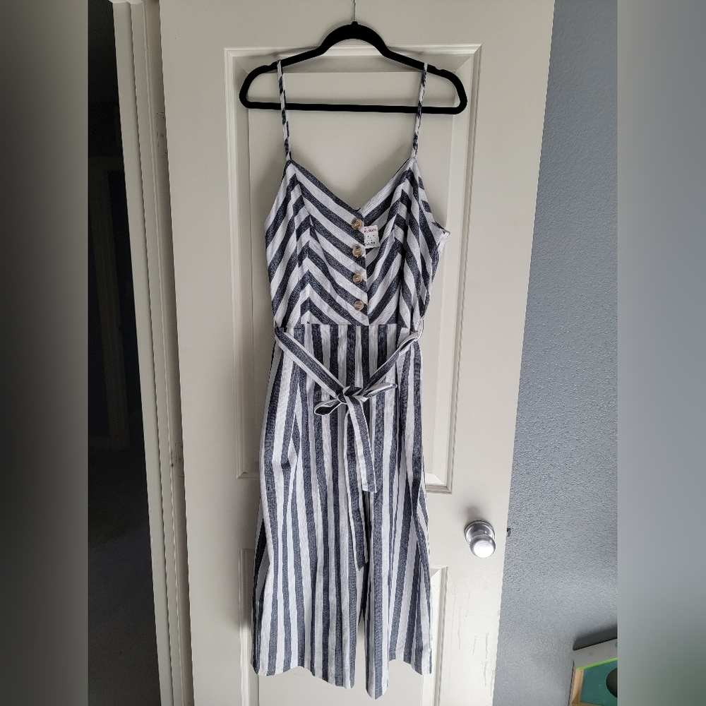 100% Cotton Striped Spaghetti-Strap Jumpsuit With Ties